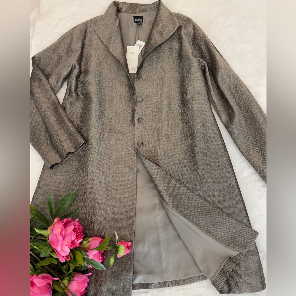 Eileen Fisher 100% Silk Matrix High Collar Long Jacket NWT SZ M Pure Luxury!